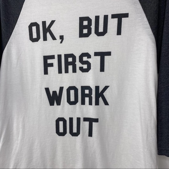 Bend Graphic Muscle T-Shirt Womens But First We Work Out Baseball Stretch Small - Picture 3 of 5